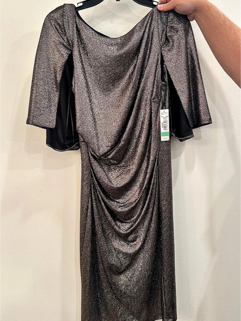 R&M Richards Cold-Shoulder Draped Metallic Gown